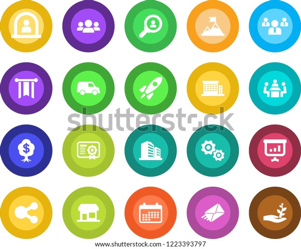 Round\
color solid flat icon set - reception vector, team, meeting, office\
building, consumer search, group, gear, motivation, rocket, pennon,\
calendar, car, social media, certificate,\
mail
