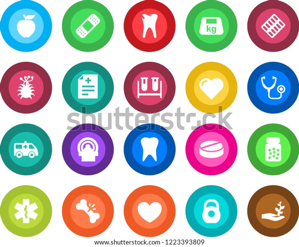 Round color solid flat icon set - heart vector,\
diagnosis, stethoscope, blood test vial, pills, bottle, blister,\
patch, tomography, ambulance star, car, tooth, caries, broken bone,\
virus, heavy