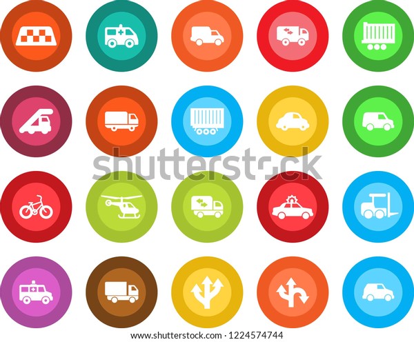 Round color solid flat icon set - taxi\
vector, alarm car, fork loader, ladder, helicopter, ambulance,\
bike, route, truck trailer, delivery,\
moving