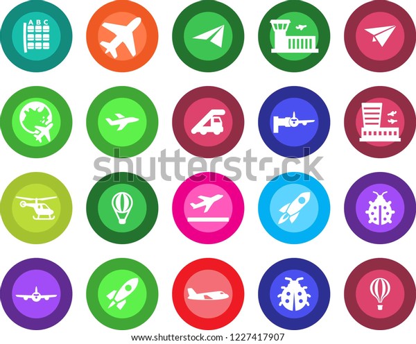 Round color solid flat icon\
set - plane vector, departure, ladder car, boarding, helicopter,\
seat map, globe, airport building, lady bug, rocket, paper, air\
balloon
