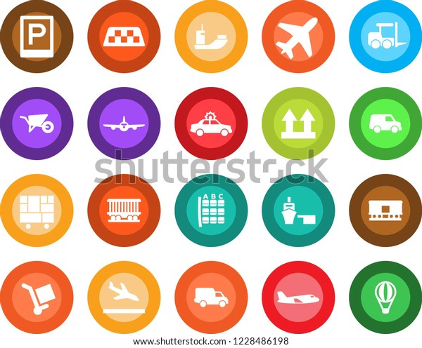 Round color solid flat icon set - plane vector,\
taxi, arrival, parking, alarm car, fork loader, seat map,\
wheelbarrow, railroad, sea shipping, delivery, port, consolidated\
cargo, up side sign