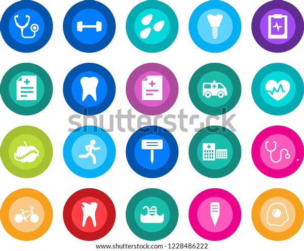 Round color solid flat icon set - plant label\
vector, seeds, heart pulse, diagnosis, stethoscope, ambulance car,\
barbell, bike, run, tooth, caries, implant, clipboard, diet,\
hospital, pool, omelette
