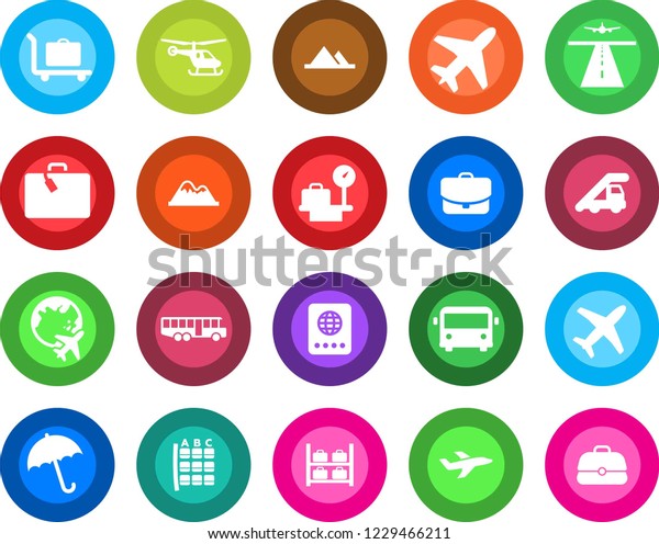 Round color solid flat icon set - plane vector,\
runway, suitcase, baggage trolley, airport bus, umbrella, passport,\
ladder car, helicopter, seat map, luggage storage, scales, globe,\
mountains, case