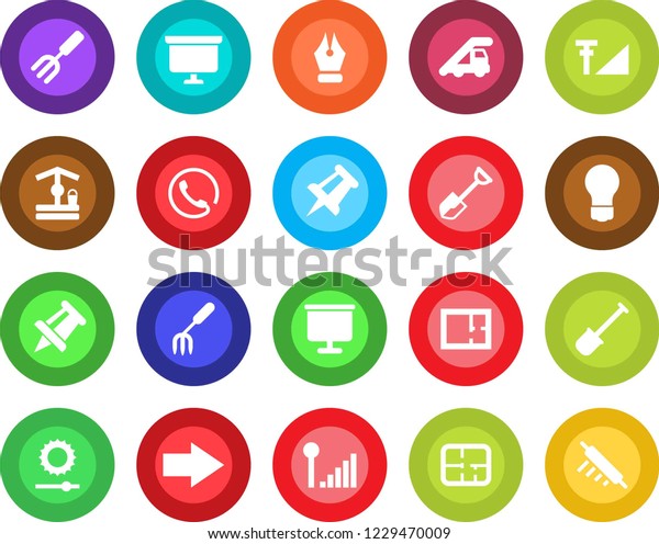 Round color solid flat icon set - right arrow\
vector, ladder car, presentation board, drawing pin, bulb, garden\
fork, shovel, well, brightness, cellular signal, ink pen, plan,\
phone, rolling