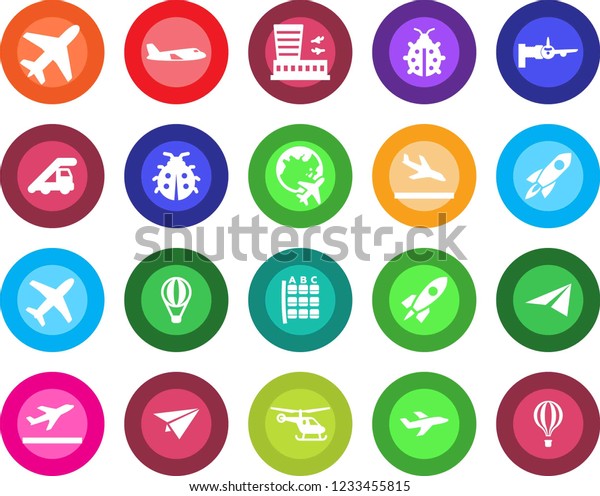 Round\
color solid flat icon set - plane vector, departure, arrival,\
ladder car, boarding, helicopter, seat map, globe, airport\
building, lady bug, rocket, paper, air\
balloon