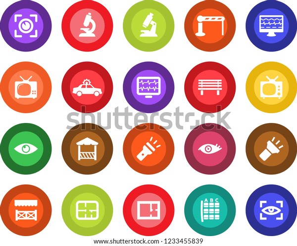 Round color solid flat icon set - barrier vector,\
alarm car, seat map, bench, monitor pulse, microscope, eye, torch,\
plan, tv, alcove, scan
