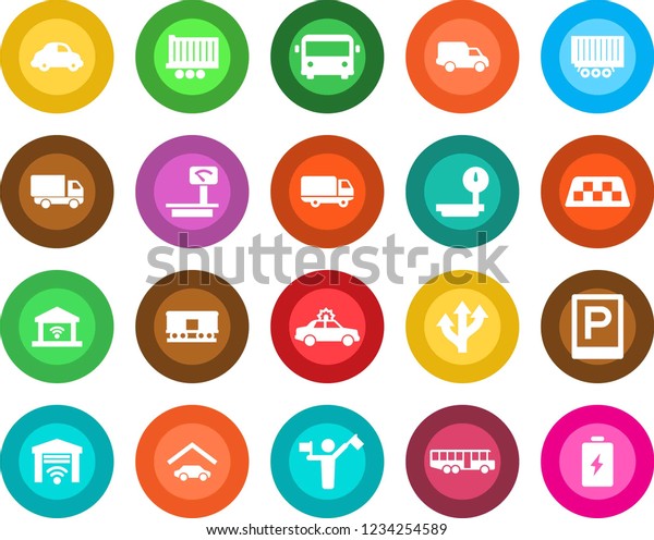 Round color solid\
flat icon set - dispatcher vector, taxi, airport bus, parking,\
alarm car, route, truck trailer, delivery, heavy scales, railroad,\
garage, gate control,\
battery