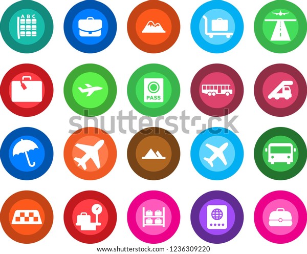 Round color\
solid flat icon set - plane vector, runway, taxi, suitcase, baggage\
trolley, airport bus, umbrella, passport, ladder car, seat map,\
luggage storage, scales, mountains,\
case