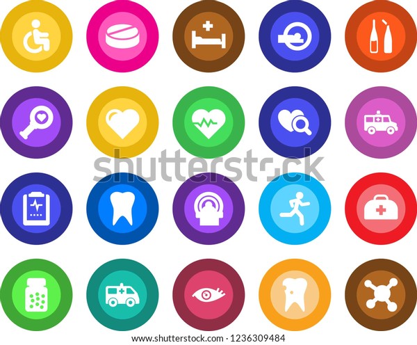 Round color solid flat icon set - heart vector,\
pulse, doctor case, diagnostic, pills, bottle, ampoule, tomography,\
ambulance car, run, hospital bed, disabled, tooth, caries, eye,\
clipboard