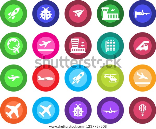 Round\
color solid flat icon set - plane vector, departure, arrival,\
ladder car, boarding, helicopter, seat map, globe, airport\
building, lady bug, rocket, paper, air\
balloon