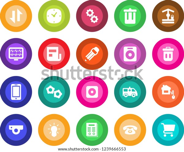 Round color solid flat icon set - trash bin vector,
mobile phone, gear, well, monitor pulse, ambulance car, speaker,
rec button, clock, data exchange, news, pencil, contract, home
control, bulb