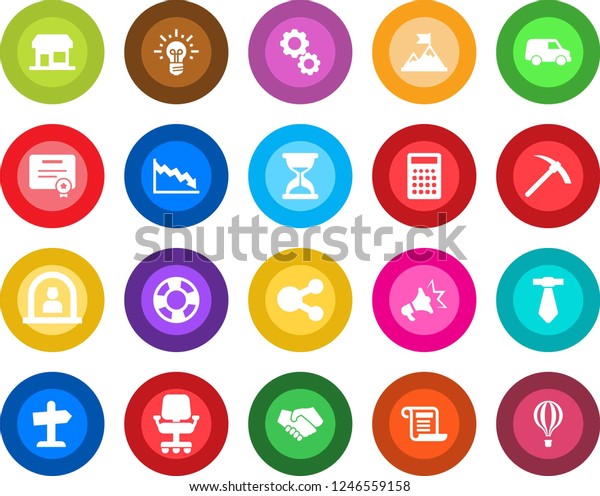 Round color solid flat icon set - reception vector,\
gear, motivation, handshake, crisis, office chair, idea,\
calculator, car, social media, management, certificate,\
advertising, contract,\
tie