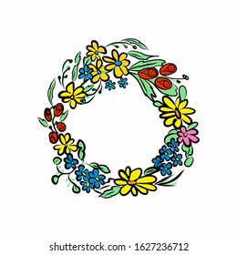 Round color vector frame with flowers on isolated background. Decor, hobby, postcard.