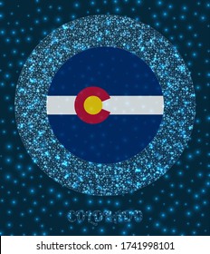 Round Colorado badge. Flag of Colorado in glowing network mesh style. Us state network logo. Appealing vector illustration.