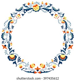 Round colored border frame with doodle flowers. can be used for decoration and design photo frame, menu, card,  scrapbook, album. Vector Illustration