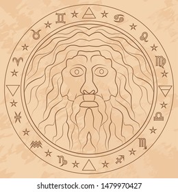 Round colored brown pattern on a light beige background, Delphic oracle, old male prophet. Round frame of zodiac signs and elements of the elements.