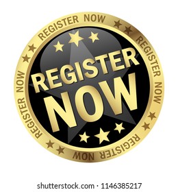 round colored button with banner and text register now
