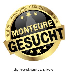round colored button with banner and text Fitters wanted (in german)