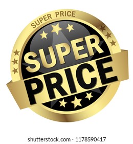 round colored button with banner and text super price