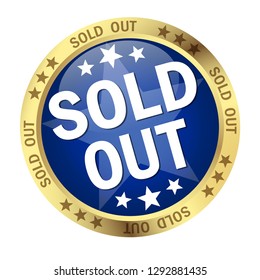 round colored button with banner and text sold out
