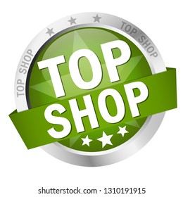 round colored button with banner and text top shop