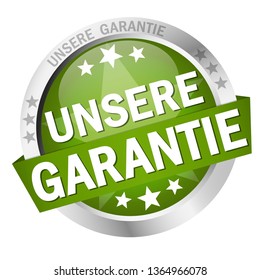round colored button with banner and text our warranty (in german)