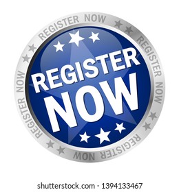 round colored button with banner and text register now