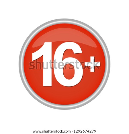 Round colored button labeled with age restrictions 16+