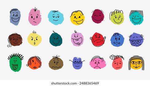 Round colored comic faces with different emotions drawn with a brush. Flat kids design. Different colorful abstract characters. Cartoon style brush stroke. Hand drawn trendy Vector illustration.