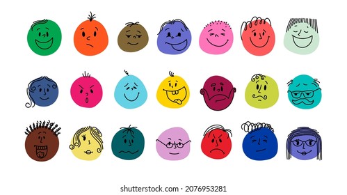 Round colored comic faces with various emotions. Flat kids design. Different colorful abstract characters. Cartoon style.  Hand drawn trendy Vector illustration. Isolated on white background.