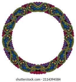 Round colored doodling frame for design template Circular Ornament bright mosaic element. Festive hand drawn ring Vivid celebration background Birthday celebration backdrop Vector Illustration