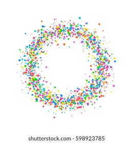 Round colored frame or border of random scatter of a splash of colored circles of confetti Design element for a festive banner, birthday card and postcard, wedding invitation. Vector illustration