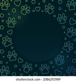 Round Colored Frame with Cat or Dog Paw Foot Print and Heart line concept signs - vector illustration