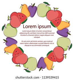 Round colored frame composed of apples, watermelon, pear, plum. Circle fresh apple frame whole, peeled, piece of half, slice, leaves, seed. appetizing looking for packaging design of healthy food