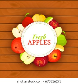 Round colored frame composed of apples. Vector card illustration. Fruit label. Circle apple label fruit and leaves for packaging design of cosmetics cream, jam, juice.
