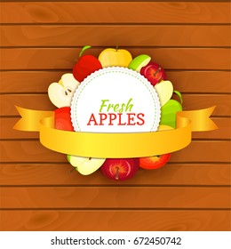 Round colored frame composed of apples with gold ribbon. Vector card illustration. Fruit label. Circle apple label fruit and leaves for packaging design of cosmetics cream, jam, juice