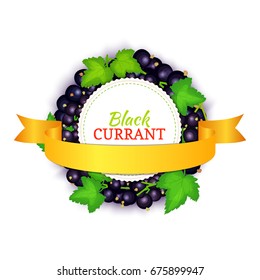 Round colored frame composed of black currant with gold ribbon. Vector card illustration. Fruit label. Circle currant berries label fruit and leaves for packaging design of cosmetics cream, jam, juice