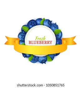 Round colored frame composed of blueberry and ribbon. Vector card illustration. Blue bilberry fresh and juicy Circle frame for design of food packaging juice breakfast cosmetics tea detox diet