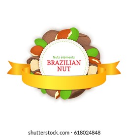 Round colored frame composed of brazil nut and ribbon. Vector card illustration. Circle nuts frame, brazilian nut fruit in the shell, whole, shelled leaves for packaging design of healthy food