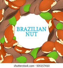 Round colored frame composed of brazilian nut. Vector card illustration. Circle Nuts frame, brazilnut fruit in the shell, whole, shelled, leaves appetizing looking for packaging design of healthy food