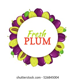 Round colored frame composed of delicious plum fruit. Vector card illustration. Purple fresh plums fruits appetizing looking for packaging design of juice, breakfast, healthy eating