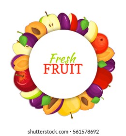 Round colored frame composed of delicious apple plum fruit. Vector card illustration. Circle apples plums frame. Ripe fresh fruits appetizing looking for packaging design of juice, breakfast food