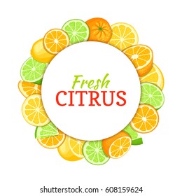Round colored frame composed of delicious tropical orange lime lemon fruit. Vector card illustration. Circle citrus oranges limes lemons frame. Ripe fresh fruits for design juice, breakfast food drink