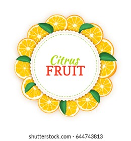 Round colored frame composed of delicious tropical orange fruit. Vector card illustration. Circle citrus oranges frame. Ripe fresh fruits appetizing looking for packaging design juice, breakfast food