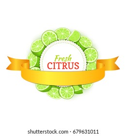 Round colored frame composed of delicious tropical lime fruit and gold ribbon. Vector card illustration. Citrus green lemon fruits circle frame for design of food, detox, cosmetics cream, juice