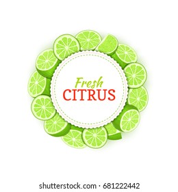 Round colored frame composed of delicious tropical lime fruit. Vector card illustration. Citrus green lemon fruits circle frame for design of food packaging breakfast, detox, cosmetics cream, juice