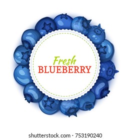 Round colored frame composed of delicious blueberry fruit. Vector card illustration. Blue bilberry fresh and juicy Circle frame for design of food packaging juice breakfast cosmetics tea detox