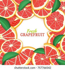 Round colored frame composed of delicious grapefruit. Vector card illustration. Red pomelo fresh and juicy citrus fruit frame for design of food packaging juice breakfast, cosmetics, tea, detox diet.
