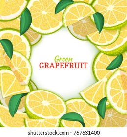 Round colored frame composed of delicious grapefruit. Vector card illustration. Green pomelo fresh and juicy citrus fruit frame for design of food packaging juice breakfast, cosmetics, tea, detox diet