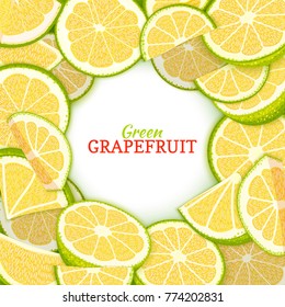 Round colored frame composed of delicious grapefruit. Vector card illustration. Green pomelo fresh and juicy citrus fruit frame for design of food packaging juice breakfast, cosmetics, tea, detox diet